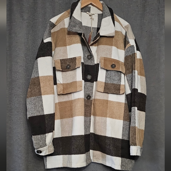 Shacket Jacket Plaid Thick Warm hand Pockets Plus Size 2X Brown Tan multi - Picture 3 of 9